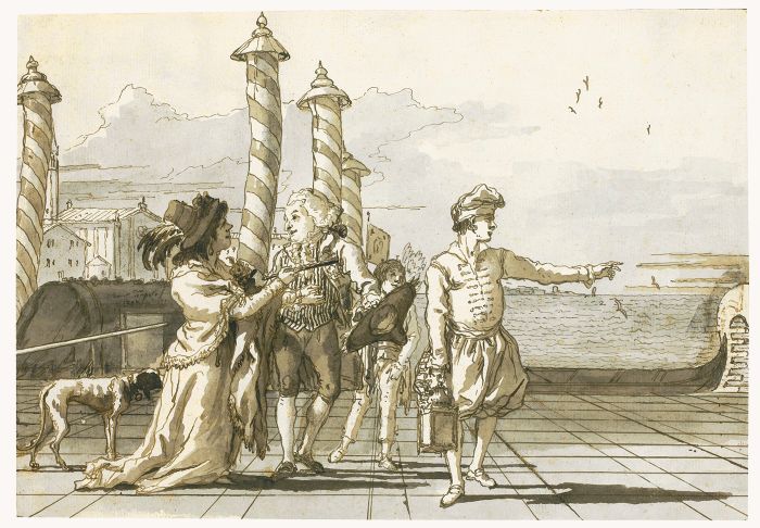 Giandomenico Tiepolo: Incontro al molo (Meeting at the wharf in Venice, a Còdega showing the way to a noble couple) - Pen and brown ink and brown and gray wash over traces of black chalk (1791)