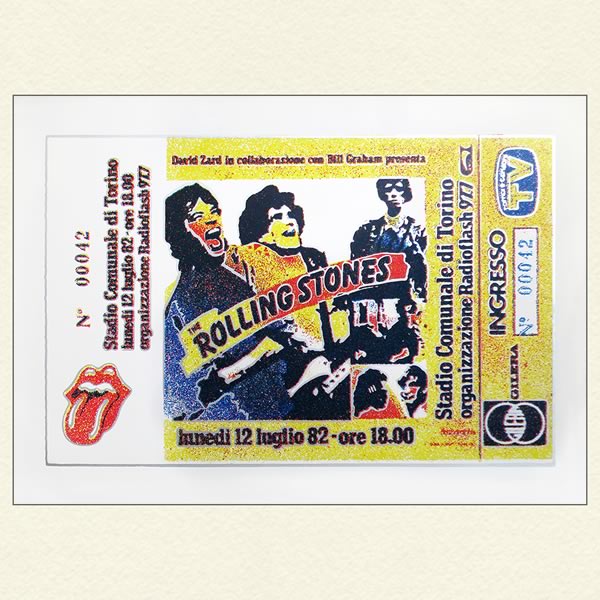 Screenprint of 1982 Rolling Stones concert ticket in Torino