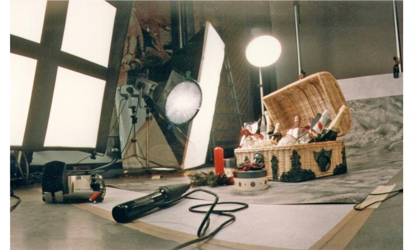 On the ready-to-shoot set you can see the TV monitor which allows to view through the ground glass viewfinder + point light equipment I created - 1990