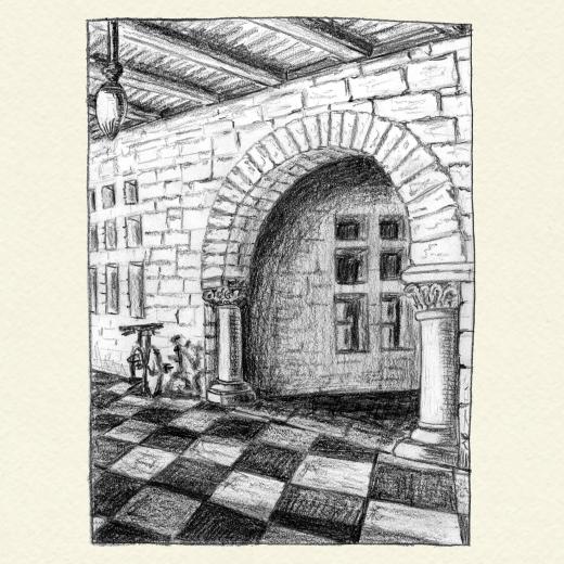 Drawing of arch and bicycle on checkered floor