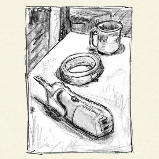 Drawing of phone and tape roll and coffee cup in perspective
