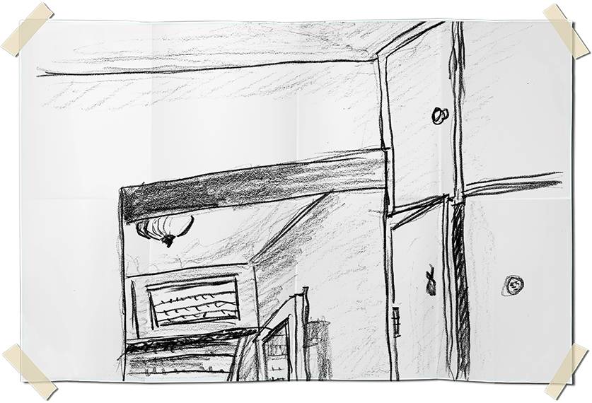 Graphite drawing - low view of room corner