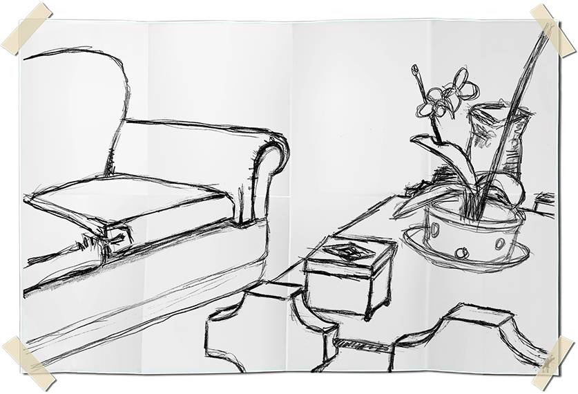 Graphite drawing - table with plant and sofa