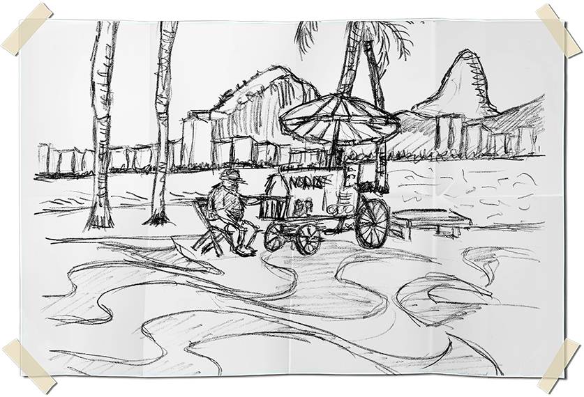 Graphite drawing - Copacabana beach perspective with beach food vendor
