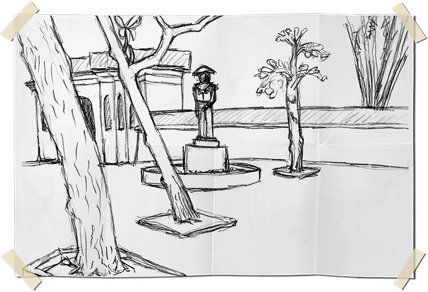 Graphite drawing - Entrance to the 'Duque de Caxias' Military Fort in Leme with statue and leaning trees
