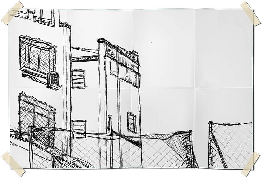 Graphite drawing - terrace view of near buildings in Ipanema
