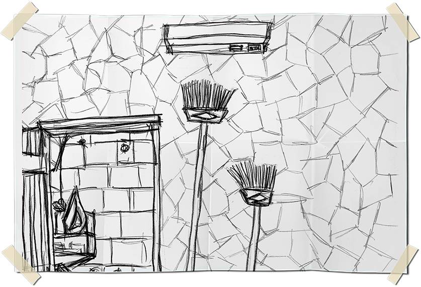 Graphite drawing - hanging brooms on a wall
