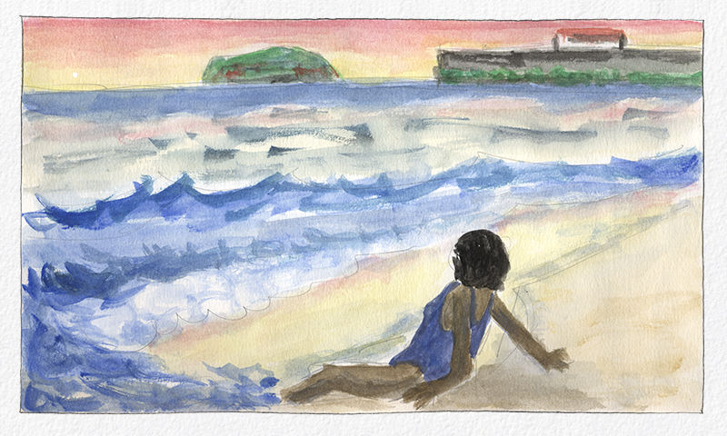 Watercolor painting - Banho ao pôr do sol